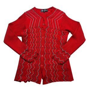 Monte Carlo Cardigan‎ Women 38 Red Merino Wool Blend Chevron Scalloped Geometric